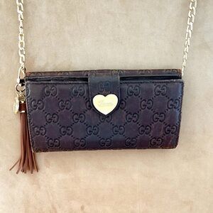 Gucci Guccissima Gold Heart Cocoa Brown Leather Continental Long Wallet